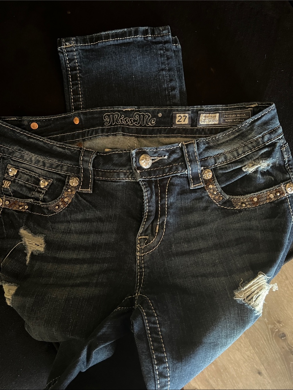 Miss Me Dark Indigo Distressed Skinny Jeans with Embellished Pockets